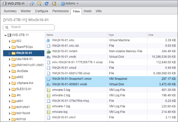 Window displaying the Files tab with selected Win2k16-01 folder and 2 highlighted files: Win2k16-01-Snapshot1.vmsn and Win2k16-01-000001.vmdk.