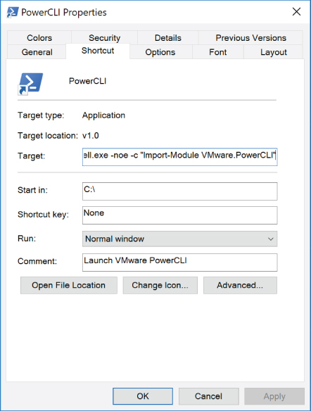 PowerCLI Properties dialog box with selected shortcut tab displaying text boxes labeled ell.exe -noe -c “Import-Module VMware.PowerCLI” for target, C: for start in, none for shortcut key, etc. Ok button is selected.