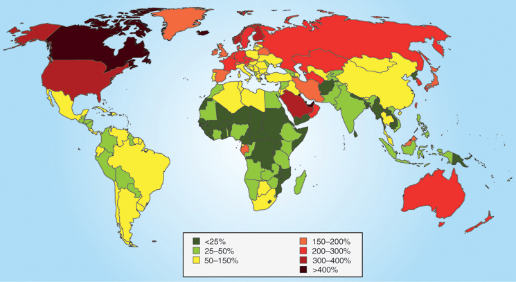 The illustration shows a world map that represents primary energy consumption per head for the world average. The northern hemisphere has highest consumption on average.