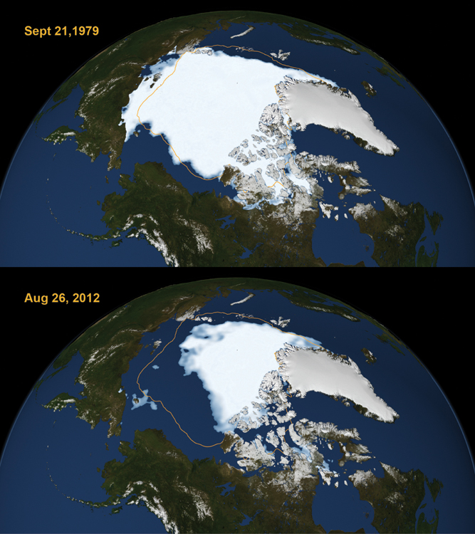 The illustration shows the artic summer ice coverage in two different dates mentioned as September 21, 1979 and August 26, 2012. 