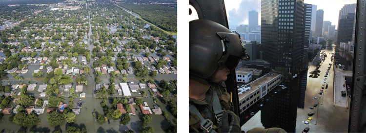 The illustration shows two photos of damage caused by hurricanes in the USA. The first photo shows a flooded area, and the second photo shows a military person looking at the city from a helicopter.