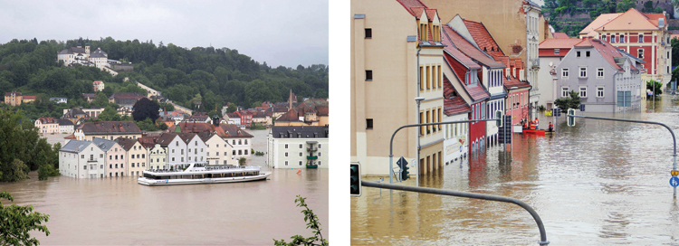 The illustration shows two photographs of the flooded region in Germany. 