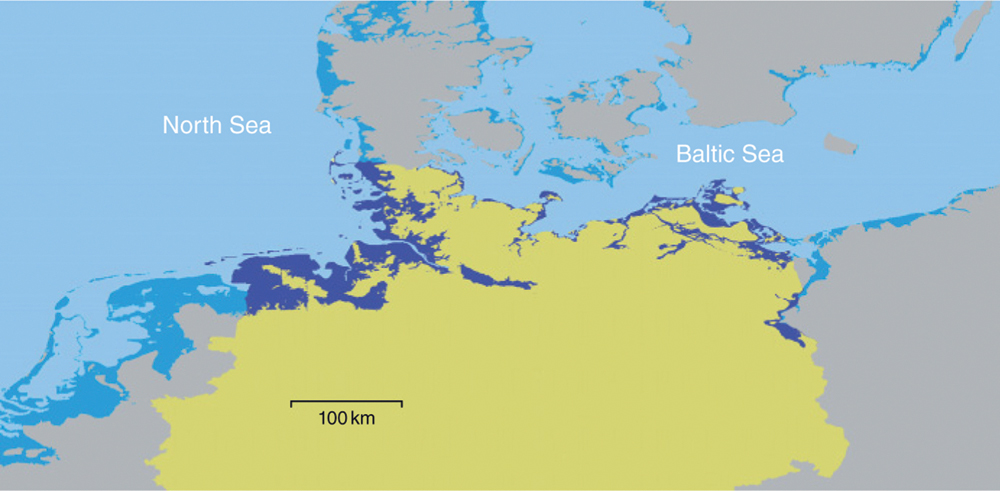 The illustration shows a map of the sea level for the North Sea and the Baltic sea around northern Germany. A scale of 100 kilo meter is shown.