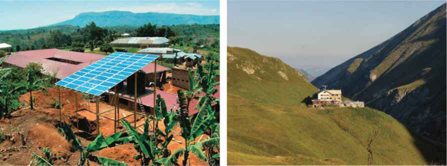 The illustration shows two images. The left image shows a PV system in a village to supply electricity to its residents. The right image shows a PV system atop a hill near a lodge.