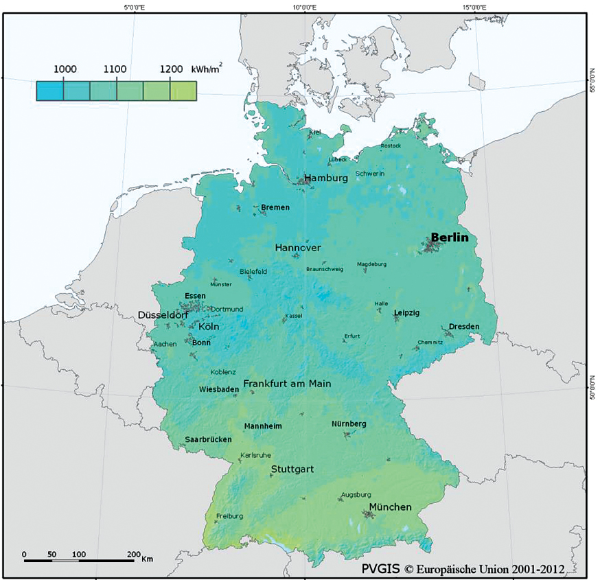 The illustration shows a map of solar radiation energy in Germany, from 1000 kilo watt hour per meter square to 1200 kilo watt hour per meter square.