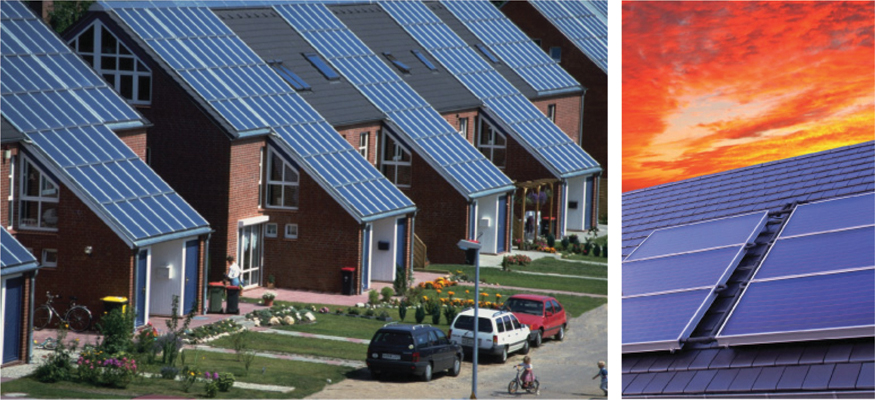 The illustration shows two images. The first image shows a modern solar thermal collector placed over the roofs of the houses. The second image shows two solar panels and a sunset behind it.