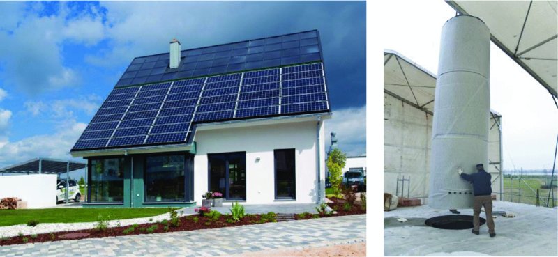 The illustration shows two pictures. The first picture shows the front view of a house whose roof consists of a self-sufficient solar system. The second picture shows the installation of a buffer storage tank by a worker.