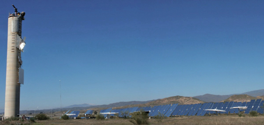 The illustration shows a site of solar power plant with solar panels facing the sun.
