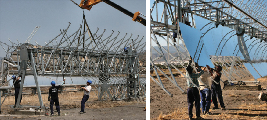 The illustration shows two images showing the construction of solar power plants.