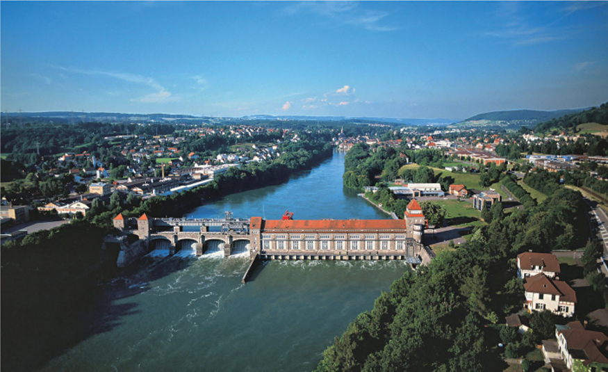 The illustration shows a picture of the hydropower plant in Laufenburg.