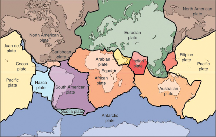Image illustrates a detailed map showing the tectonic plates. 
