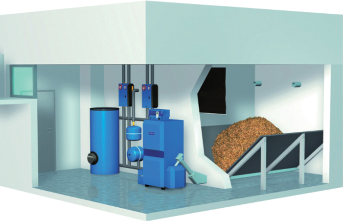 The illustration shows wood pellet heating with pellet store behind inside a room.