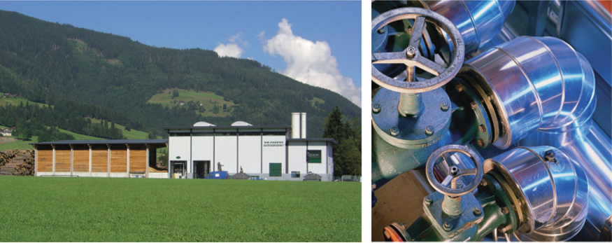 The illustration shows two images. The image on the left shows biomass cogeneration plant with a green field in it. The image to the right shows two district heat distributors with valves on it. 