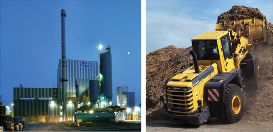 The illustration shows two images. The image on the left shows biomass power plant with a chimney in it. The image to the right shows a wheel loader for biomass fuel transport. 