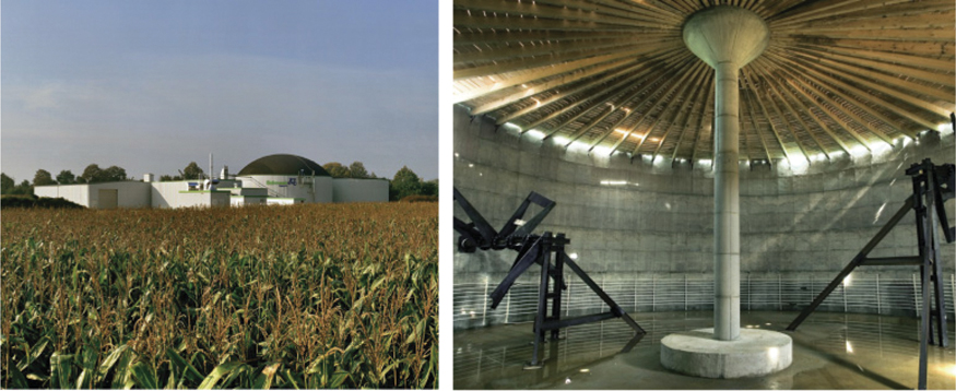 The illustration shows a biogas plant in a cornfield and view of the interior with a stirrer.