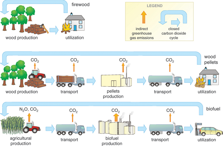The illustration shows environmental balance sheet for the use of biomass fuels. It shows wood production, utilization and firewood shown in a cyclic order. Below it shows wood production, transport, pellets production, transport and utilization all shown in a cyclic order with the release of carbon dioxide. Below this it shows agricultural production releasing carbon dioxide and nitrous oxide, transport, biofuel production, transport and utilization all shown in a cyclic order with the release of carbon dioxide.