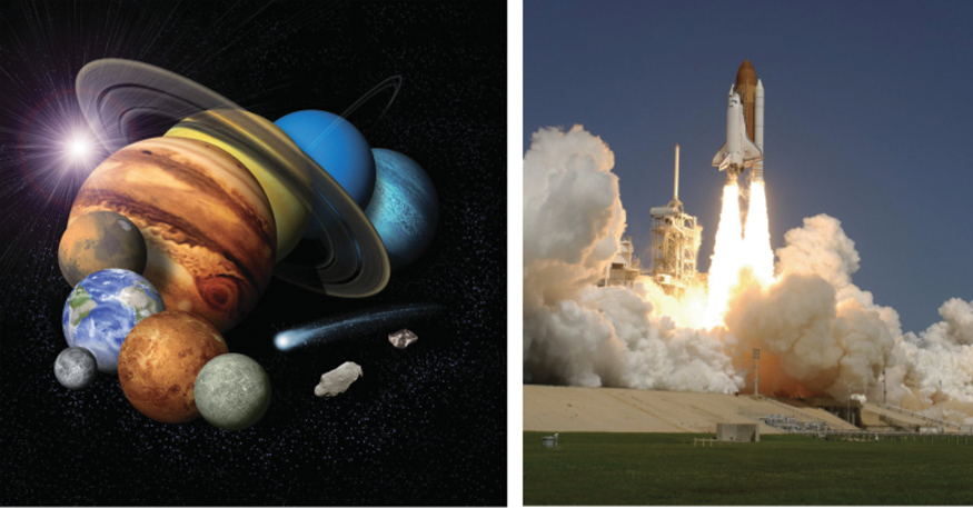 The illustration shows two images. The first image shows the overview of the solar system, and the second image shows the takeoff phase of a rocket.