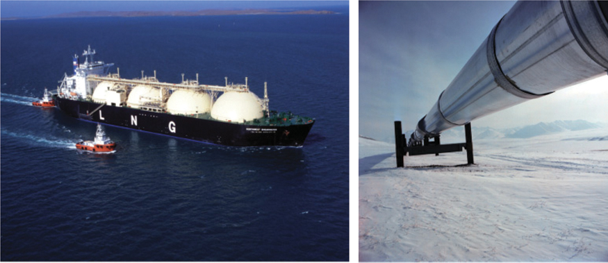 The illustration shows two images. The first image shows a liquefied natural gas tanker, and the second image shows a pipeline.