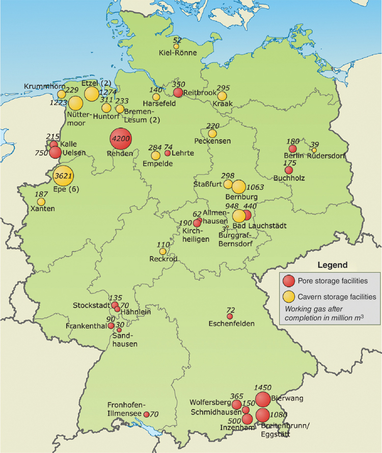The illustration shows a map of underground natural gas storage facilities in Germany. One color shows the area under pores, and another color shows the area under cavern storage facilities.