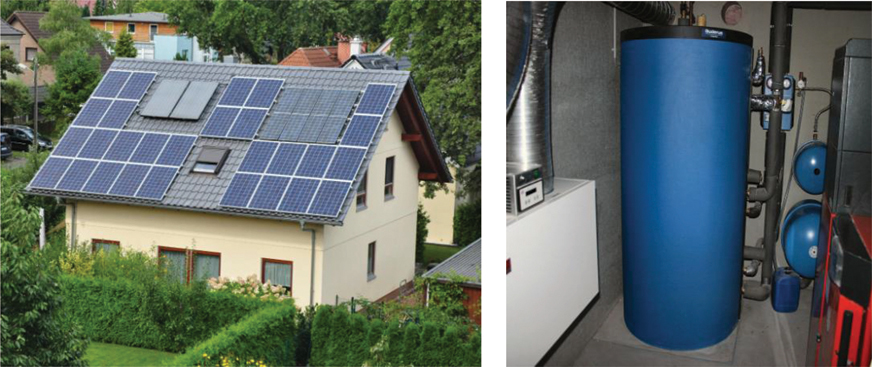 The illustration contains two pictures. The first picture shows a family house where the roofs are made of carbon-neutral energy supply. The second picture shows a boiler room with buffer storage tank, solar cycle pump, controlled heat recovery system and wood pellet boiler. 