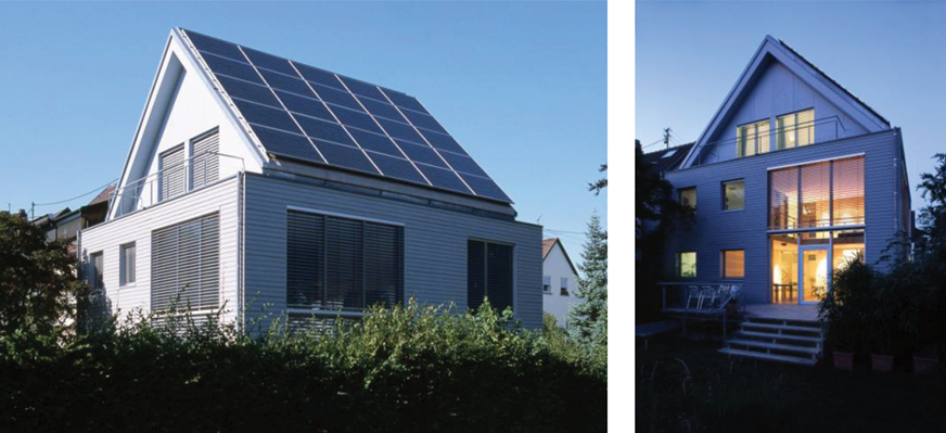 The illustration contains two pictures. The first picture shows a plus-energy solar house where the roofs are made of solar collector. The second picture shows the front view of that building.