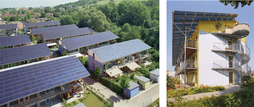 The illustration contains two pictures. The first picture shows a solar housing estate where the roofs are made of solar collector. The second picture shows the side view of one of that building.