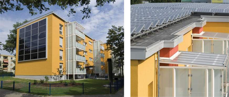 The illustration contains two pictures. The first picture shows a building with a solar panel in the right wall. The second picture shows the top of the building on which the solar panels are placed. 