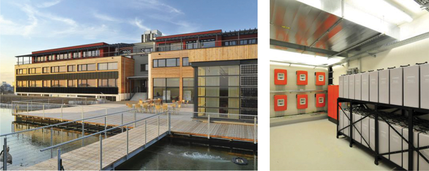 The illustration contains two pictures. The first picture shows a purely renewable energy-efficient building. The second picture shows internal view of the building with integrated PV system and battery storage. 