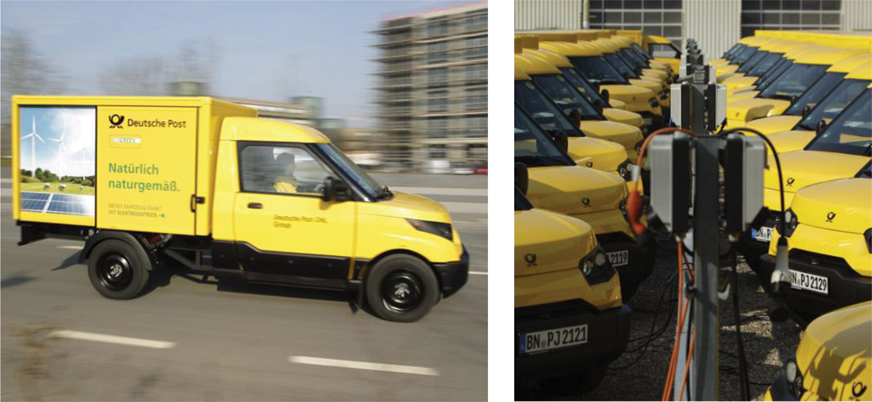 The illustration contains two pictures. The first picture shows a moving electric delivery vehicle, whereas the second picture shows several electric vehicles parked in two rows facing each other.