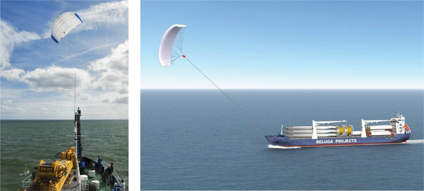 The illustration contains two pictures of Helio advanced, automatically controlled wing kite which is connected to a ship shown in two different angles. The first picture shows the back view of the ship, while the second picture shows the side view of the ship.