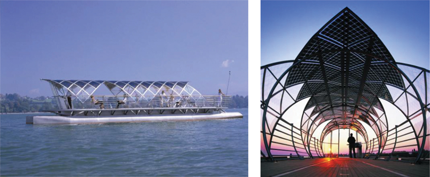 The illustration contains two pictures of Helio solar ferry shown in two different angles. The first picture shows the side view of the ferry, while the second picture shows the front view of the ferry.