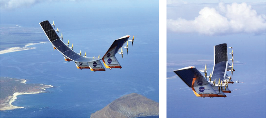The illustration contains two pictures of NASA’s Helios aero plane, powered by solar cell which are shown in two different angles. The first picture shows the side view of the plane, while the second picture shows the front view of the plane.