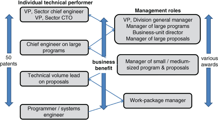 Illustration depicting the various roles played by an employee both as an individual technical performer and in management roles.