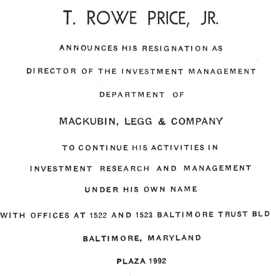 Illustration depicting the announcement of the formation of T. Rowe Price and Associates, Mr. Price's own firm.