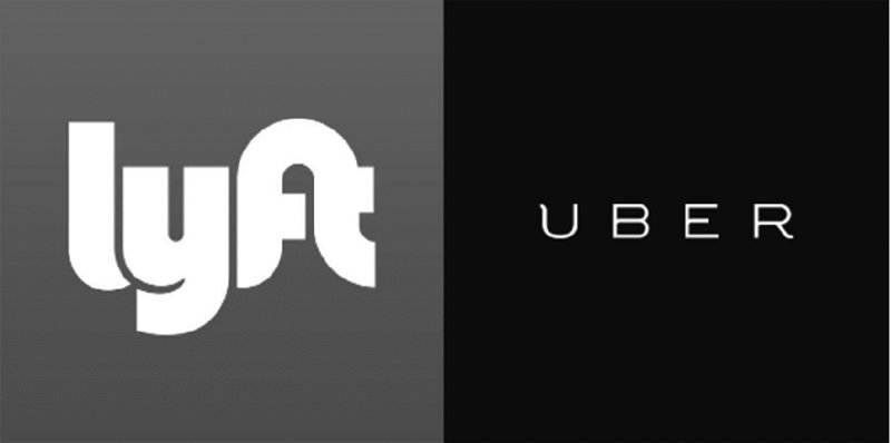 Image shows a logo whose left side depicts lyft and right side depicts uber.