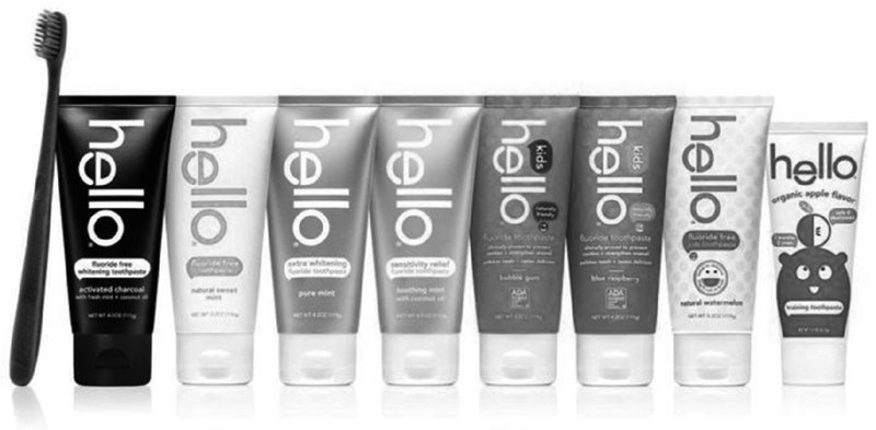 An illustration shows a toothpaste brand named Hello with eight different flavors and a toothbrush.