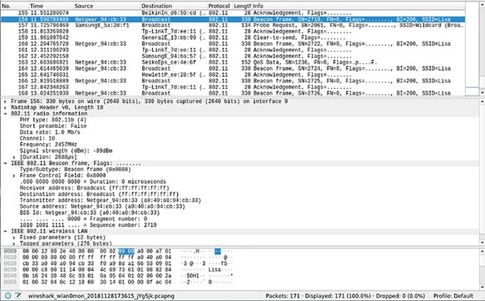 The figure shows a snapshot of a Wireshark capture with monitor mode enabled on the wireless interface. 