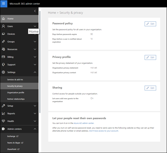 Screenshot of the Microsoft 365 Admin Center window displaying the Security & Privacy page, to eliminate mandatory password resets.