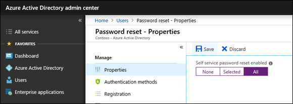 Screenshot of the Azure Active Directory admin center for enabling Self-service password reset (SSPR) for all users.