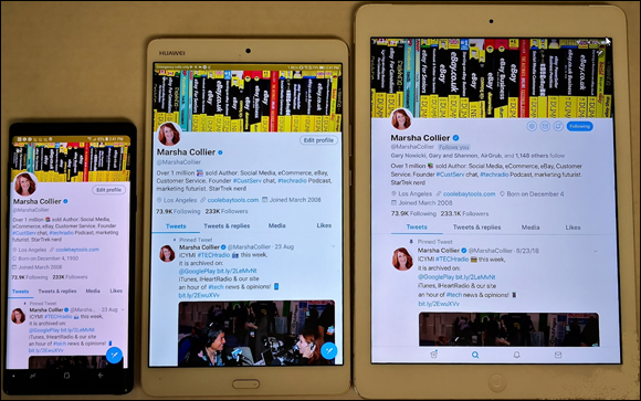 Digital capture of a 6.4-inch Samsung Galaxy Note 9, an 8.4-inch screen Huawei MediaPad M3, and a 9.7-inch screen iPad Air 2 side by side from left to right with the same screen image.