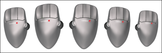 Digital capture of an ergonomic Contour Mouse of different sizes that fit the left hand and right hand. The mouse has three clickable buttons and thumb holder for grip. 
