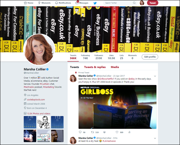 Computer screen capture of the Chrome browser with Marsha Collier’s Twitter page with a wider screen than the Tablet screen.