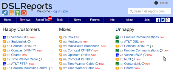 Screen capture of DSLReports home page with broadband suppliers listed based on various categories: Happy customers, Mixed, and Unhappy.