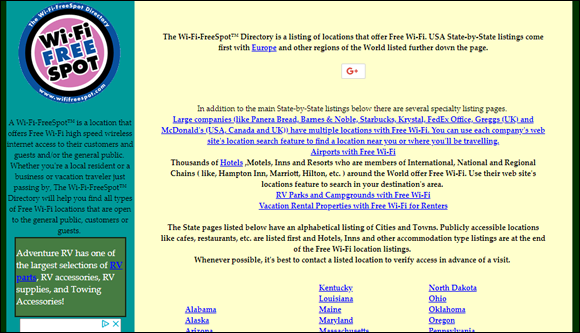 Screen capture of Wi-Fi Free Spot home page with a description of the site’s features and a list of all the states with links to publicly accessible locations with free Wi-Fi.
