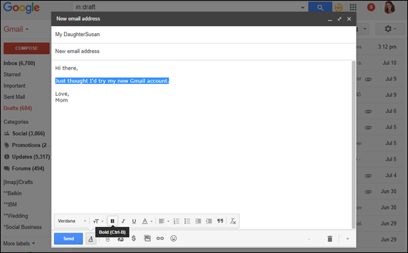 Screen capture of the Gmail new email page with formatting options listed including Font type, size, and other features: a part of the body is selected with Bold option selected.