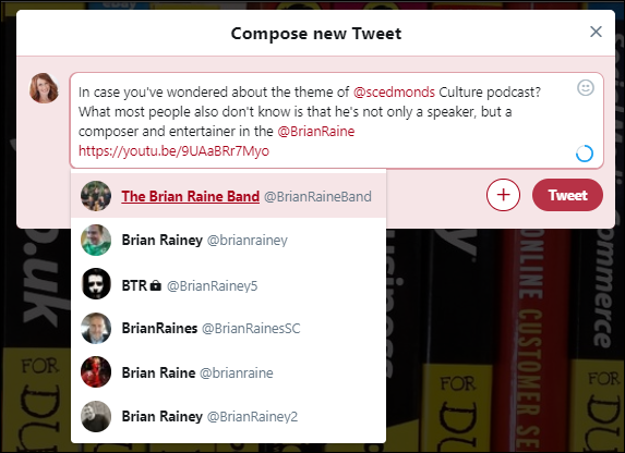 Screen capture of the composition of a new Tweet with a message and a list of links for BrianRaine Twitter handles and the Tweet button.