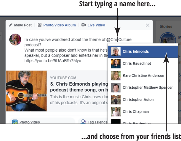 Screen capture of the composition of a new post on the Facebook page with a message and a list of links for friends starting Chr in a drop-down box over the text in the message box: @Chr.