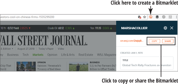 Screen capture of a web browser with a Wall Street Journal webpage and an icon to the right of the address bar with a b in a circle and tab below with COPY and SHARE buttons.