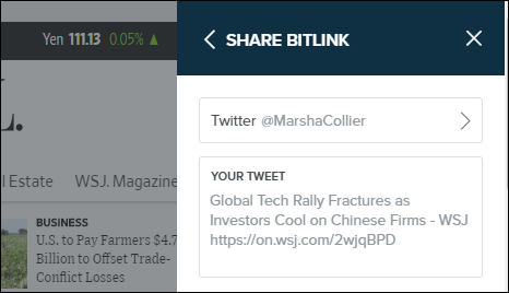 Screen capture of the Share Bitlink tab with Twitter @MarshaCollier and a message under Your Tweet.