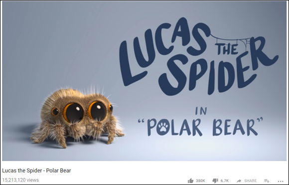 “Screen capture of Lucas the Spider - Polar Bear channel page with views, likes, dislikes, and share buttons.”